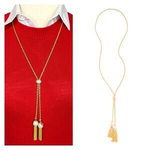 NWT Talbots Goldtone Rope Chain Tassel Long Necklace Pave Rhinestone Ball Accent